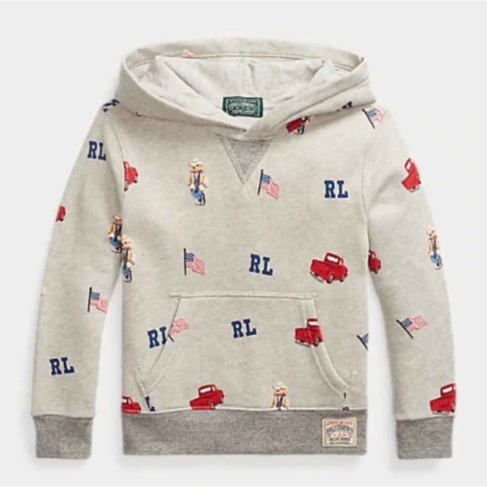 Ralph Lauren Polo Country Boy’s Grey Graphic Polo Bear W/ Truck Hoodie, size XL